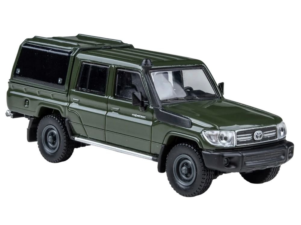 2014 Toyota Land Cruiser LC 79 with Camper Shell Military Green 1/64 Diecast Model Car by Paragon Models view 4