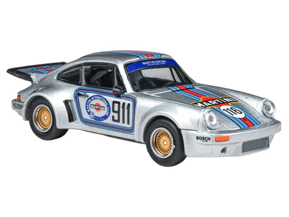 Porsche 911 Carrera RSR 3.0 "Martini Racing" Silver Metallic with Stripes 1/64 Diecast Model Car by Paragon Models view 3