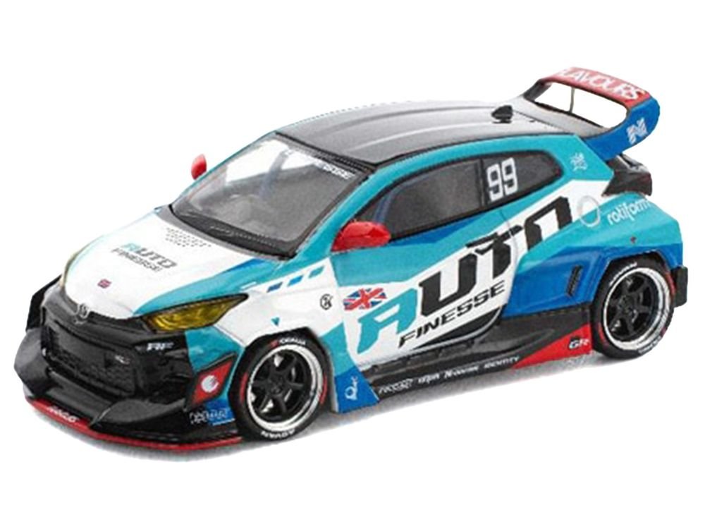 Pandem GR Yaris RHD (Right Hand Drive) #99 "Auto Finesse" Blue and White with Graphics "Enigma Exclusive Edition" 1/64 Diecast Model Car by Pop Race view 2