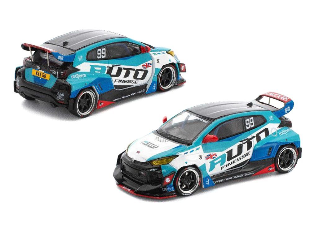 Pandem GR Yaris RHD (Right Hand Drive) #99 "Auto Finesse" Blue and White with Graphics "Enigma Exclusive Edition" 1/64 Diecast Model Car by Pop Race view 4