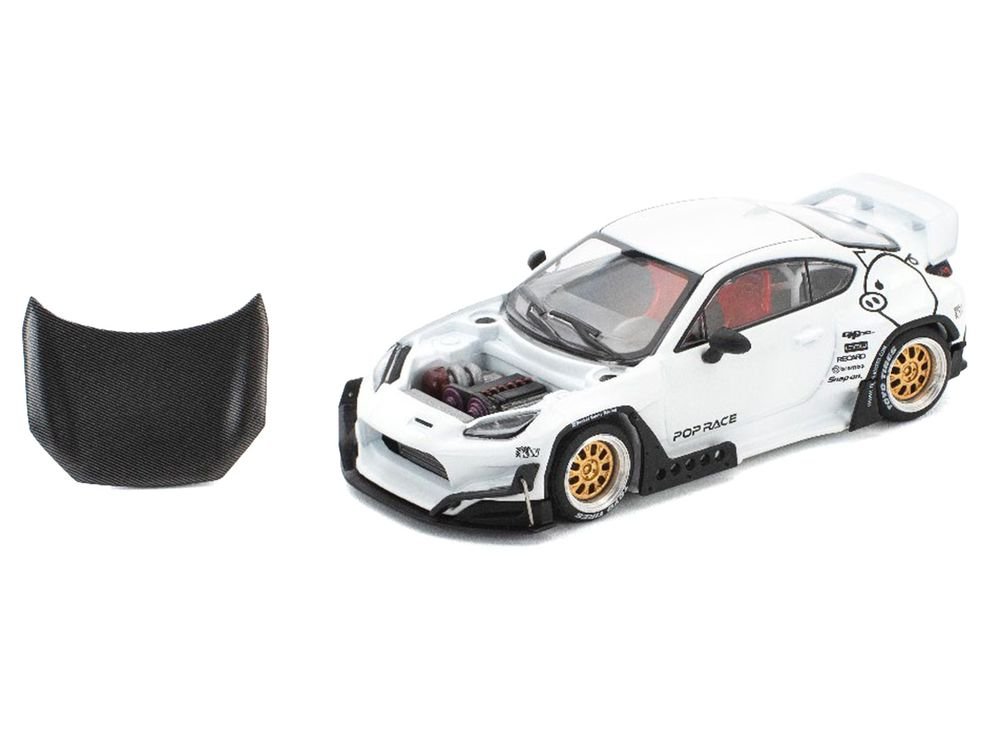 Toyota Pandem GR86 White with Carbon Hood "Enigma Exclusive Edition" 1/64 Diecast Model Car by Pop Race view 2