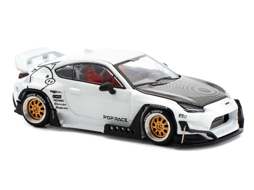 Toyota Pandem GR86 White with Carbon Hood "Enigma Exclusive Edition" 1/64 Diecast Model Car by Pop Race view 3