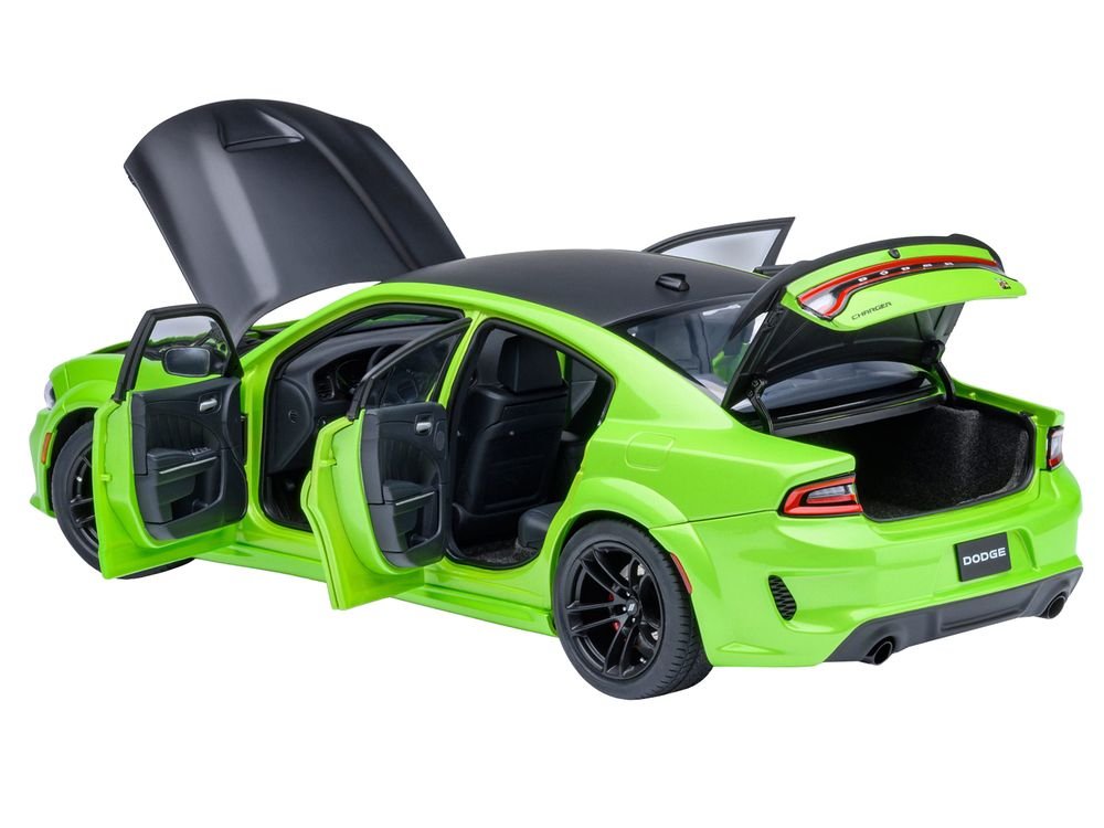 Dodge Charger Scat Pack Widebody Sublime Green with Matt Black Hood and Top 1/18 Model Car by Autoart view 2