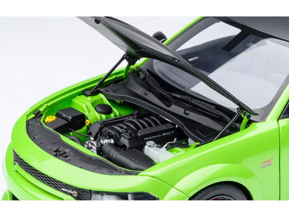 Dodge Charger Scat Pack Widebody Sublime Green with Matt Black Hood and Top 1/18 Model Car by Autoart view 3