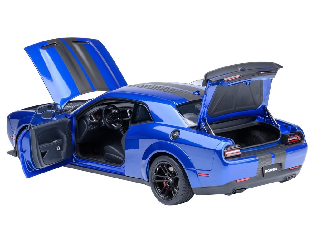 2022 Dodge Challenger SRT Jailbreak Indigo Blue Metallic with Carbon Stripes 1/18 Model Car by Autoart view 2