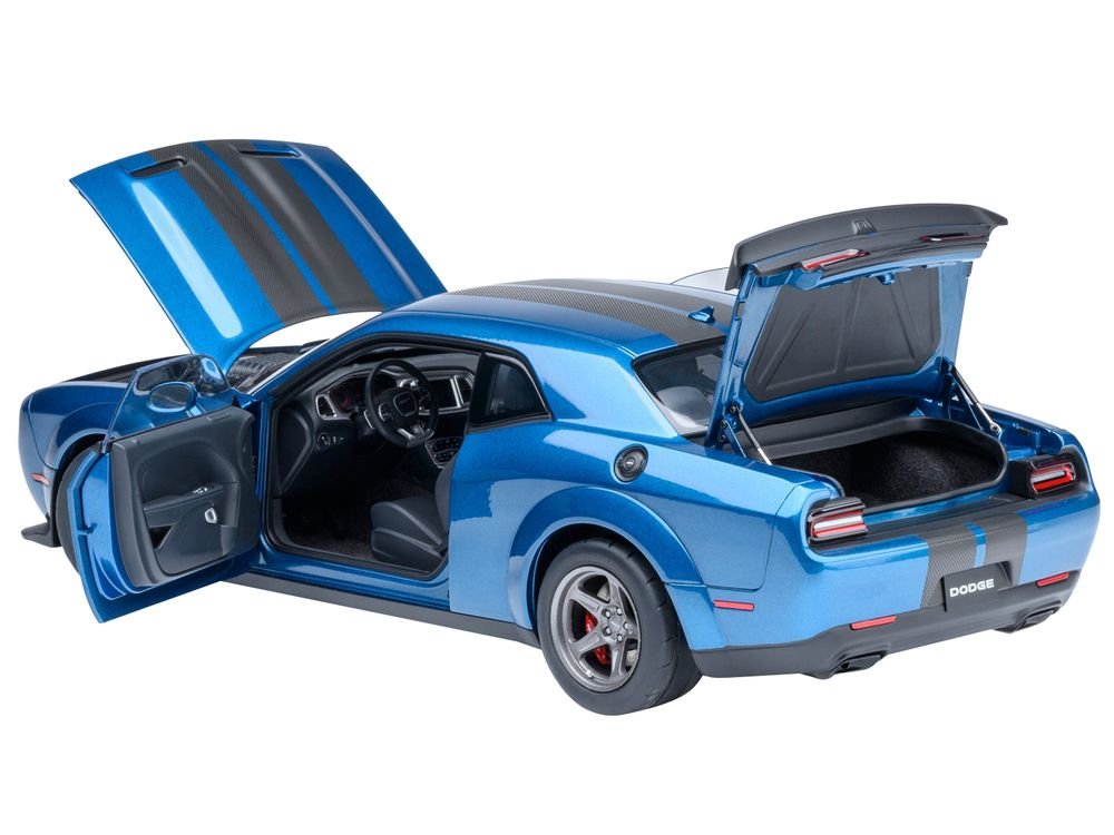 2023 Dodge Challenger SRT Super Stock Frostbite Blue Metallic with Carbon Stripes 1/18 Model Car by Autoart view 2