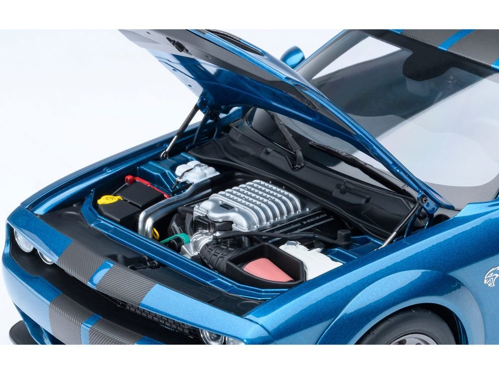 2023 Dodge Challenger SRT Super Stock Frostbite Blue Metallic with Carbon Stripes 1/18 Model Car by Autoart view 3