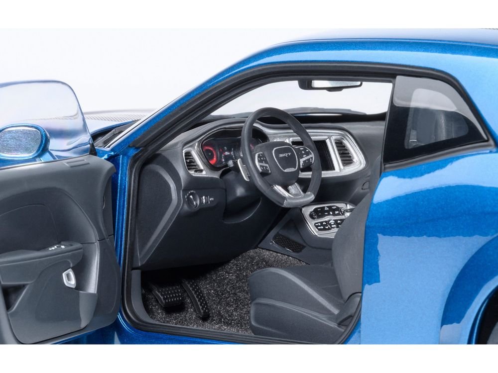 2023 Dodge Challenger SRT Super Stock Frostbite Blue Metallic with Carbon Stripes 1/18 Model Car by Autoart view 4