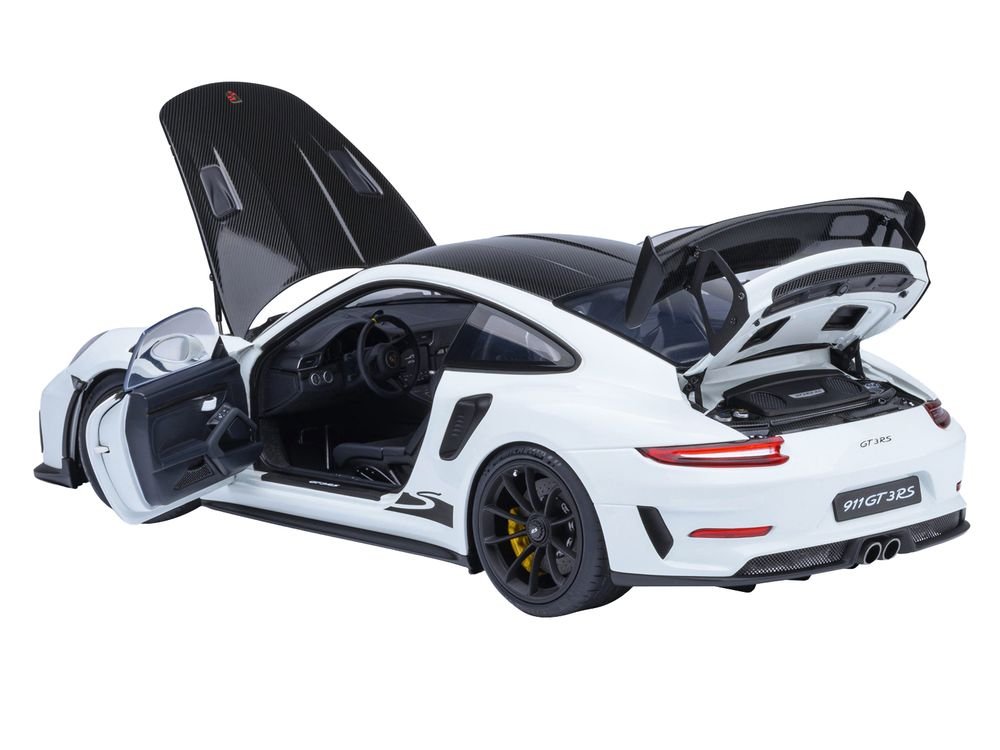 Porsche 911 (991.2) GT3 RS Weissach Package White with Carbon Hood and Top 1/18 Model Car by Autoart view 2