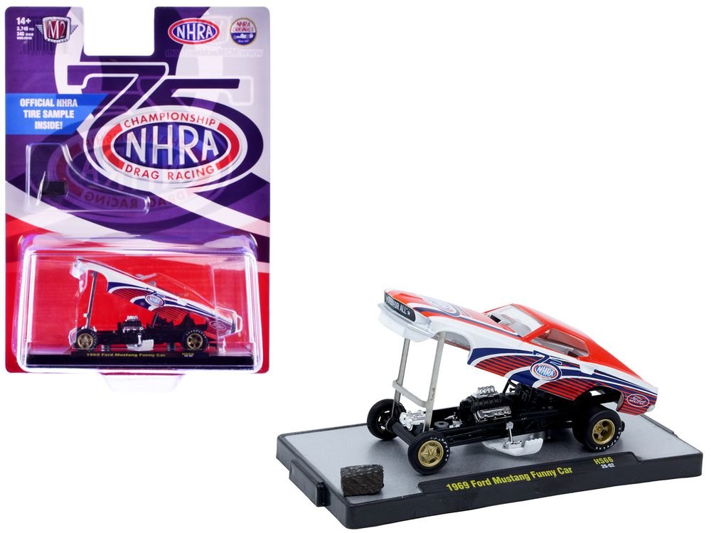 1969 Ford Mustang Funny Car "NHRA 75 Years" Red and White with Graphics Limited Edition to 3740 pieces Worldwide 1/64 Diecast Model Car by M2 Machines