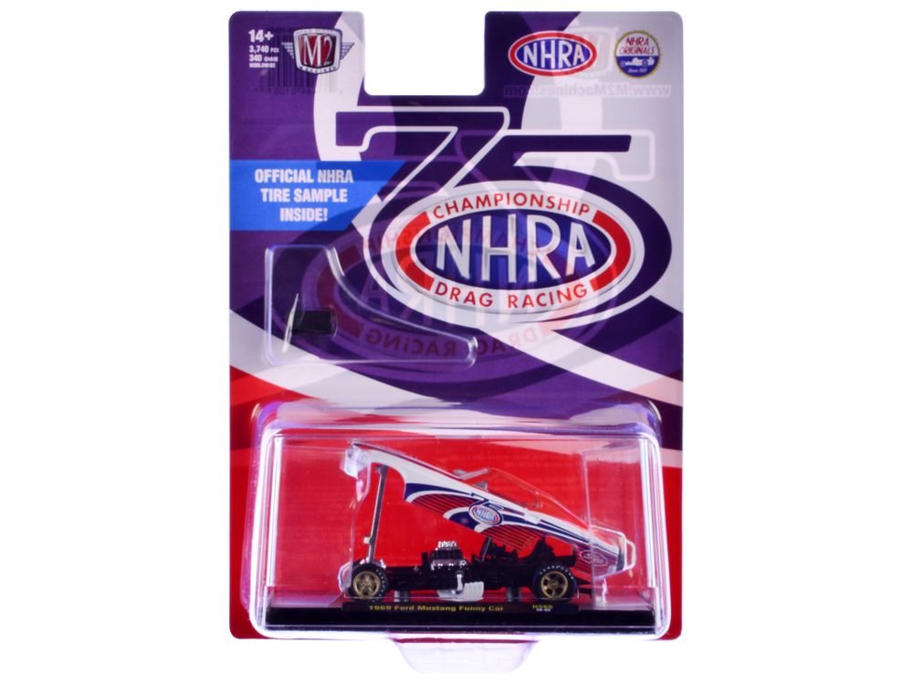 1969 Ford Mustang Funny Car "NHRA 75 Years" Red and White with Graphics Limited Edition to 3740 pieces Worldwide 1/64 Diecast Model Car by M2 Machines view 3