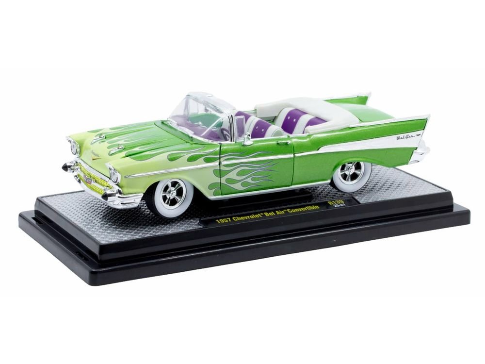 1957 Chevrolet Bel Air Convertible Green Metallic with Flame Graphics and Purple and White Interior Limited Edition to 4050 pieces Worldwide 1/24 Diecast Model Car by M2 Machines view 2