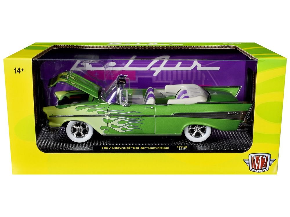 1957 Chevrolet Bel Air Convertible Green Metallic with Flame Graphics and Purple and White Interior Limited Edition to 4050 pieces Worldwide 1/24 Diecast Model Car by M2 Machines view 3