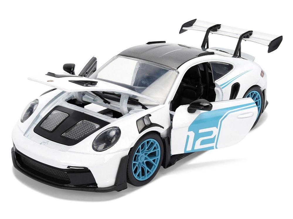 Porsche 911 GT3 RS (992) #12 White with Blue Stripes and Carbon Top "Hyper-Spec" Series 1/24 Diecast Model Car by Jada view 2