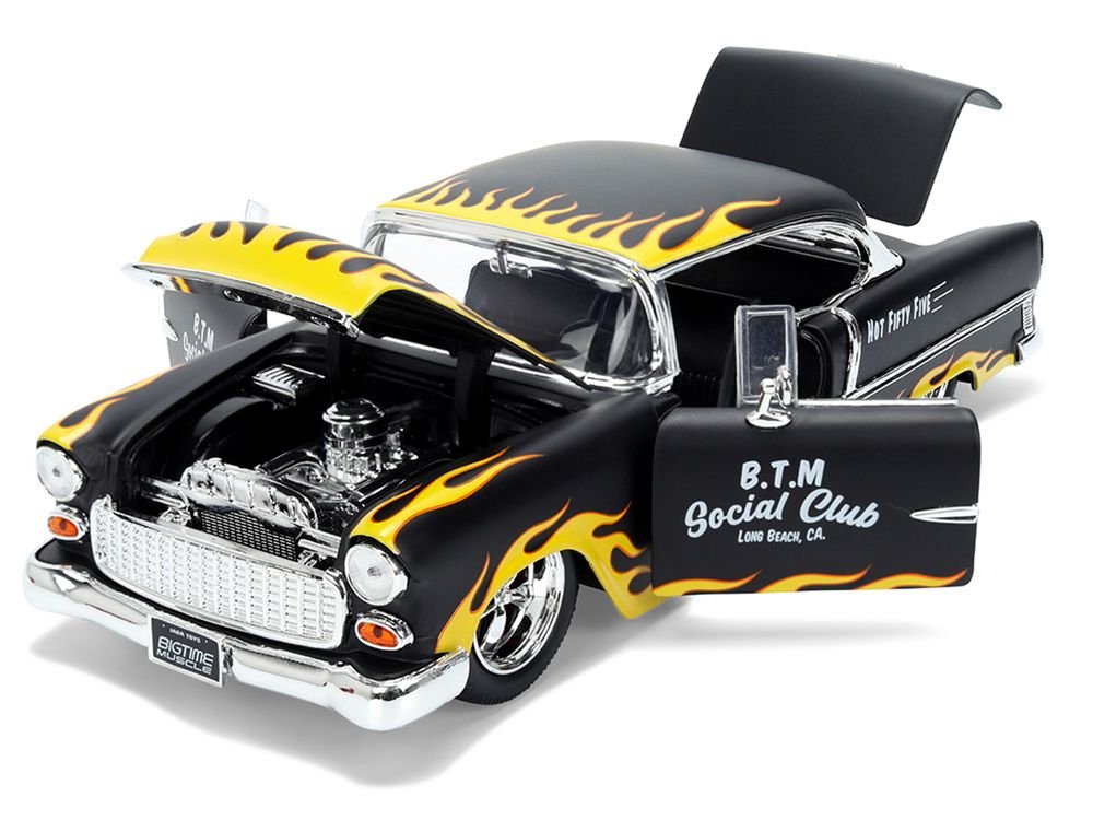 1955 Chevrolet Bel Air "BTM Social Club" Matt Black with Flames "Bigtime Muscle" Series 1/24 Diecast Model Car by Jada view 2
