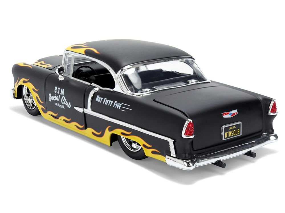 1955 Chevrolet Bel Air "BTM Social Club" Matt Black with Flames "Bigtime Muscle" Series 1/24 Diecast Model Car by Jada view 3