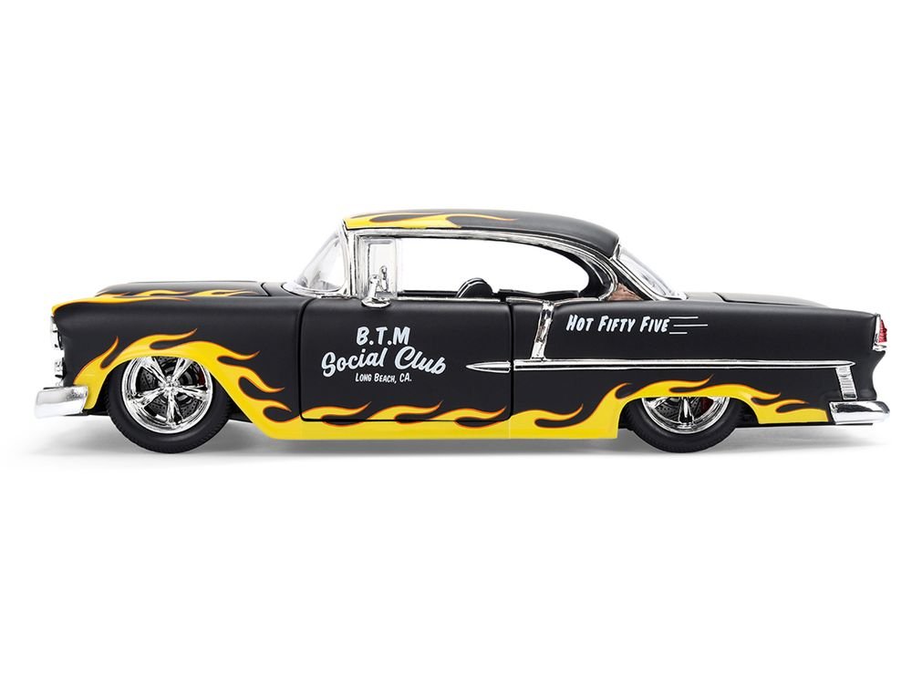 1955 Chevrolet Bel Air "BTM Social Club" Matt Black with Flames "Bigtime Muscle" Series 1/24 Diecast Model Car by Jada view 4