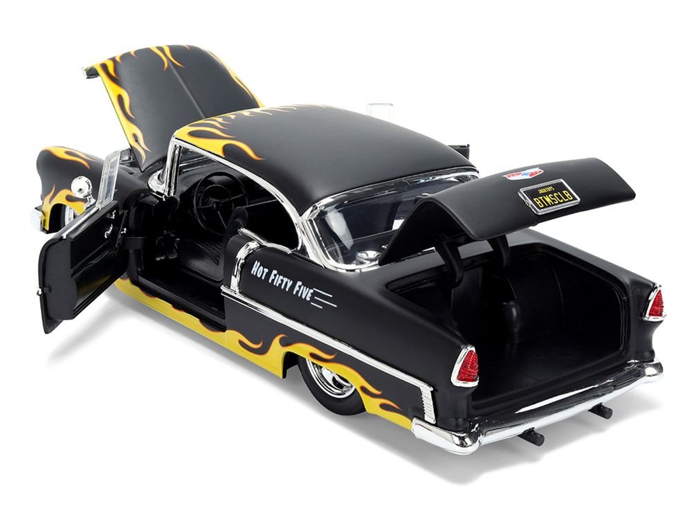 1955 Chevrolet Bel Air "BTM Social Club" Matt Black with Flames "Bigtime Muscle" Series 1/24 Diecast Model Car by Jada view 5
