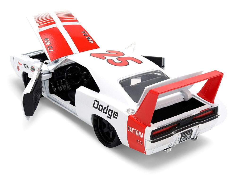 1969 Dodge Charger Daytona #25 White with Red Stripes "Bigtime Muscle" Series 1/24 Diecast Model Car by Jada view 4