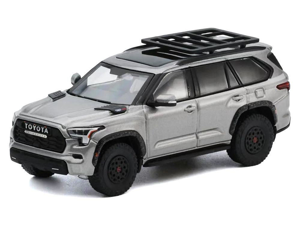 Toyota Sequoia TRD PRO Silver Metallic with Roof Rack 1/64 Diecast Model Car by GCD view 2