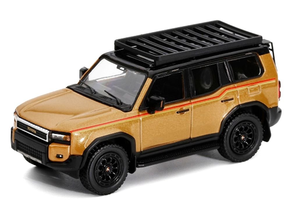 2024 Toyota Land Cruiser Prado Gold Metallic with Red Stripes and Roof Rack 1/64 Diecast Model Car by GCD view 2