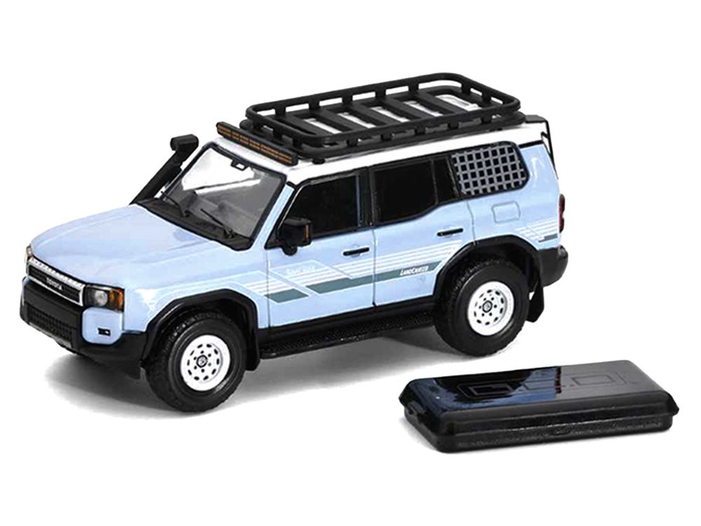 2024 Toyota Land Cruiser Prado Light Blue with White Top and Stripes with Roof Rack and Accessory 1/64 Diecast Model Car by GCD view 2