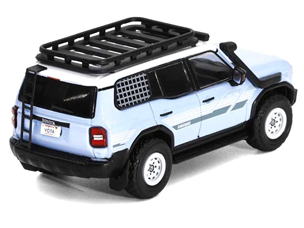 2024 Toyota Land Cruiser Prado Light Blue with White Top and Stripes with Roof Rack and Accessory 1/64 Diecast Model Car by GCD view 3