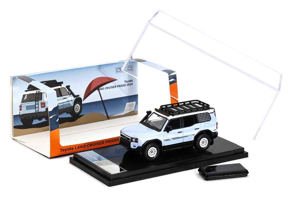 2024 Toyota Land Cruiser Prado Light Blue with White Top and Stripes with Roof Rack and Accessory 1/64 Diecast Model Car by GCD view 4