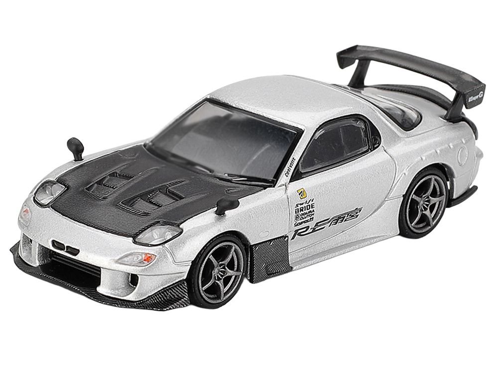 Mazda RX-7 RE-Amemiya Silver Metallic with Matt Black Hood Limited Edition 1/64 Diecast Model Car by Mini GT view 2