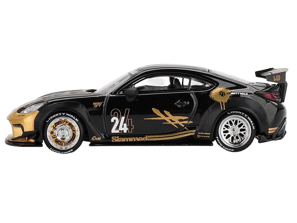 Toyota GR86 "LB-Nation - Liberty Walk" #24 Black with Carbon Hood and Gold Graphics Limited Edition 1/64 Diecast Model Car by Mini GT view 2