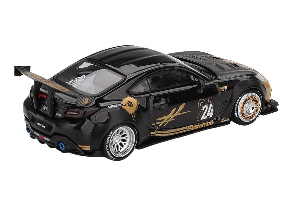 Toyota GR86 "LB-Nation - Liberty Walk" #24 Black with Carbon Hood and Gold Graphics Limited Edition 1/64 Diecast Model Car by Mini GT view 3