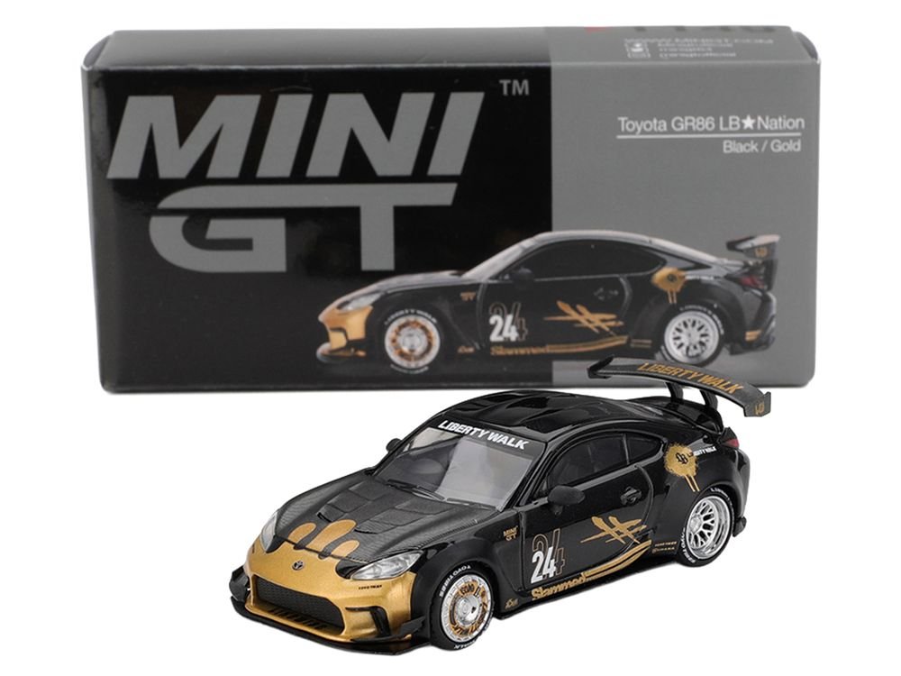 Toyota GR86 "LB-Nation - Liberty Walk" #24 Black with Carbon Hood and Gold Graphics Limited Edition 1/64 Diecast Model Car by Mini GT view 4