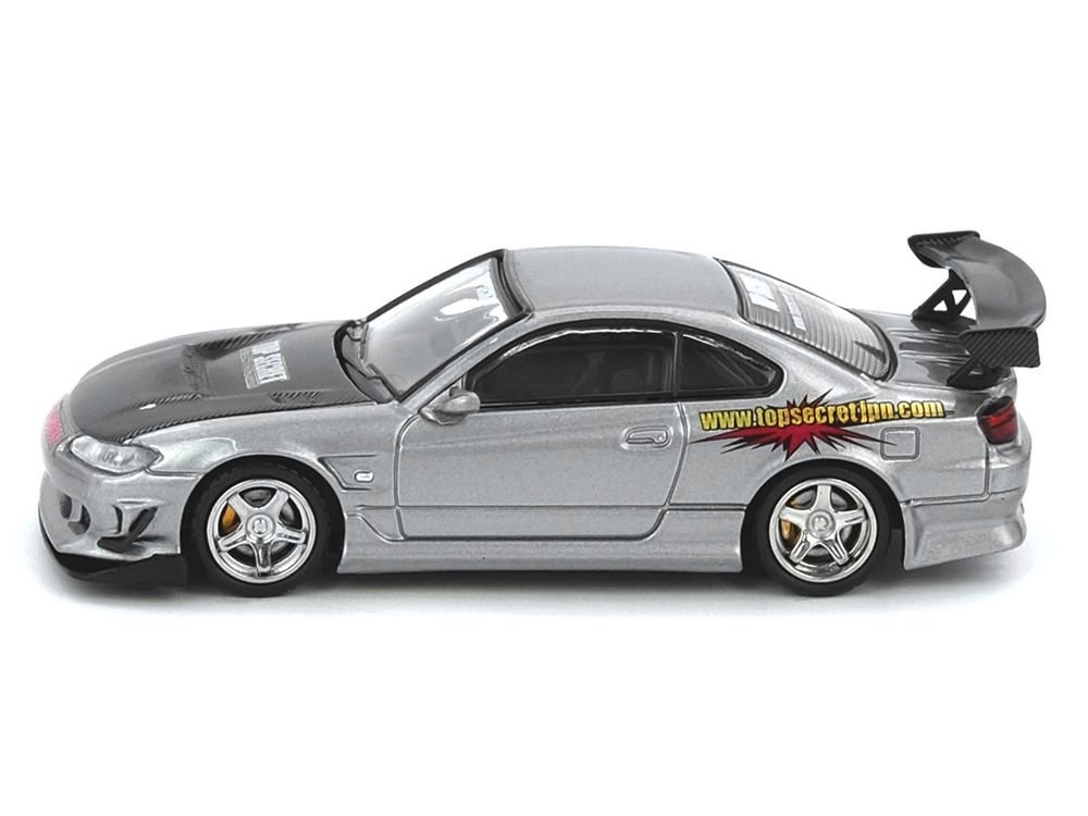Nissan "Top Secret" Silvia (S15) RHD (Right Hand Drive) Silver Metallic with Carbon Hood 1/64 Diecast Model Car by Inno Models view 2