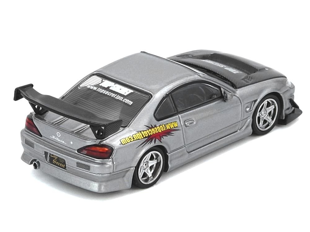 Nissan "Top Secret" Silvia (S15) RHD (Right Hand Drive) Silver Metallic with Carbon Hood 1/64 Diecast Model Car by Inno Models view 3