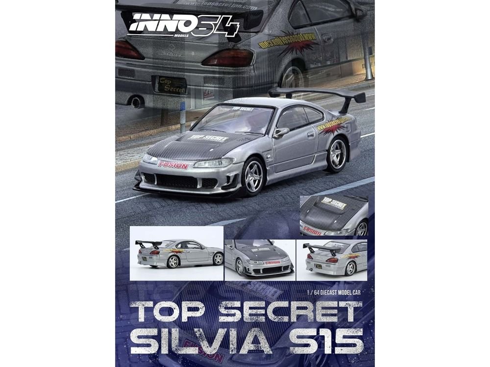 Nissan "Top Secret" Silvia (S15) RHD (Right Hand Drive) Silver Metallic with Carbon Hood 1/64 Diecast Model Car by Inno Models view 4