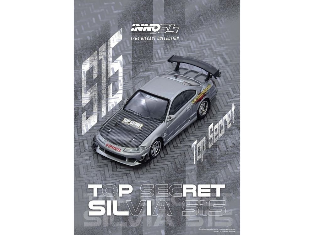 Nissan "Top Secret" Silvia (S15) RHD (Right Hand Drive) Silver Metallic with Carbon Hood 1/64 Diecast Model Car by Inno Models view 5