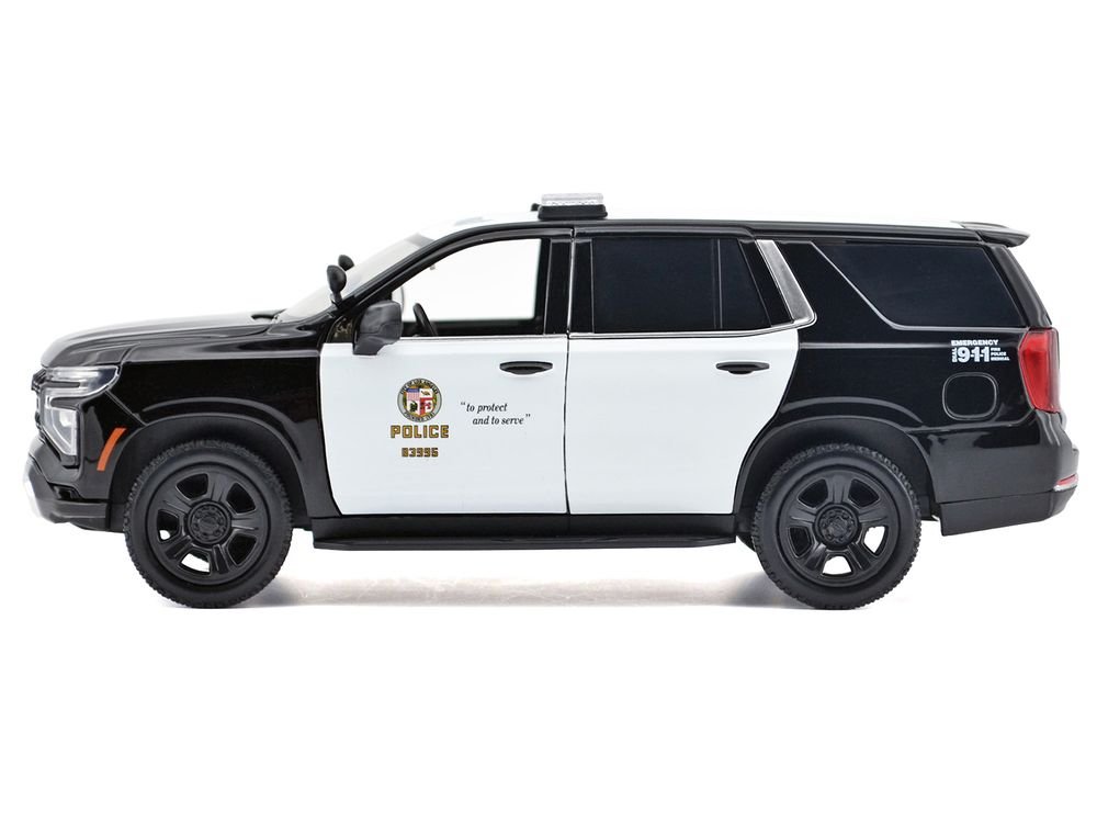 2025 Chevrolet Tahoe Police Pursuit Vehicle "Los Angeles Police Department (LAPD)" Black and White "Law Enforcement and Public Service" Series 1/24 Diecast Model Car by Motormax view 2