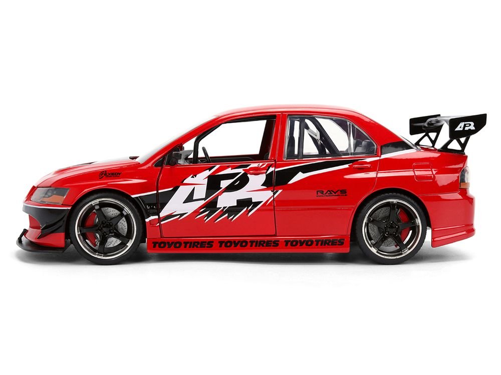 Sean's Mitsubishi Lancer Evolution IX RHD (Right Hand Drive) Red with Graphics "The Fast and the Furious: Tokyo Drift" (2006) Movie "Fast & Furious 25 Years" Series 1/24 Diecast Model Car by Jada view 3