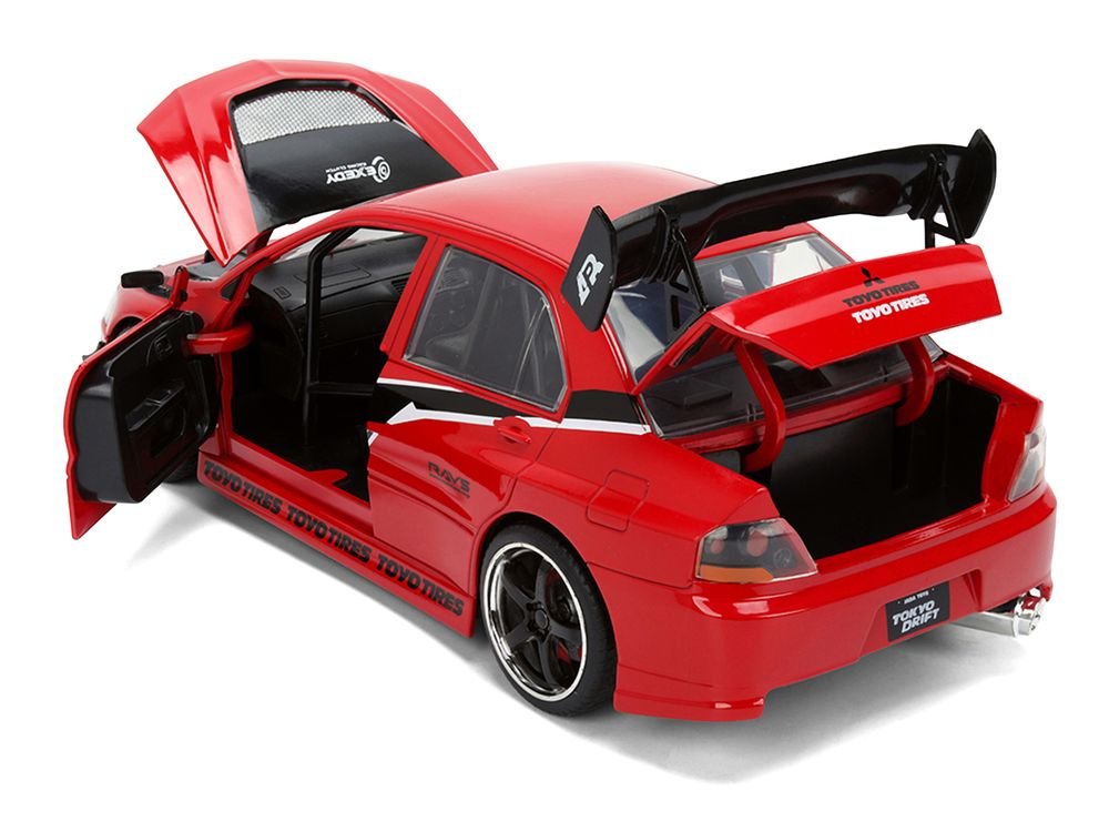Sean's Mitsubishi Lancer Evolution IX RHD (Right Hand Drive) Red with Graphics "The Fast and the Furious: Tokyo Drift" (2006) Movie "Fast & Furious 25 Years" Series 1/24 Diecast Model Car by Jada view 4