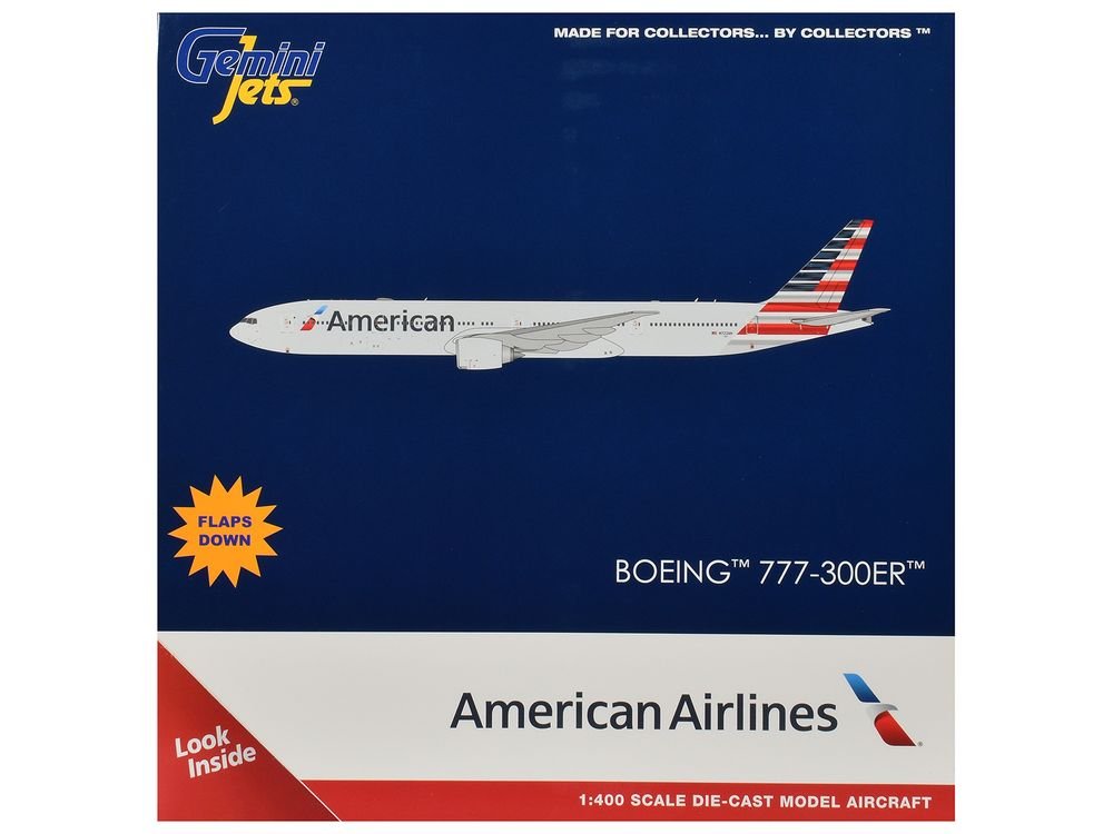 Boeing 777-300ER Commercial Aircraft with Flaps Down "American Airlines" (N722AN) Gray with Striped Tail 1/400 Diecast Model by GeminiJets view 3