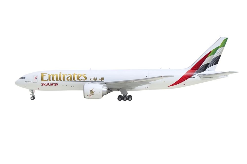 Boeing 777F Commercial Aircraft "Emirates SkyCargo" (A6-EFV) White with Striped Tail 1/400 Diecast Model by GeminiJets view 2