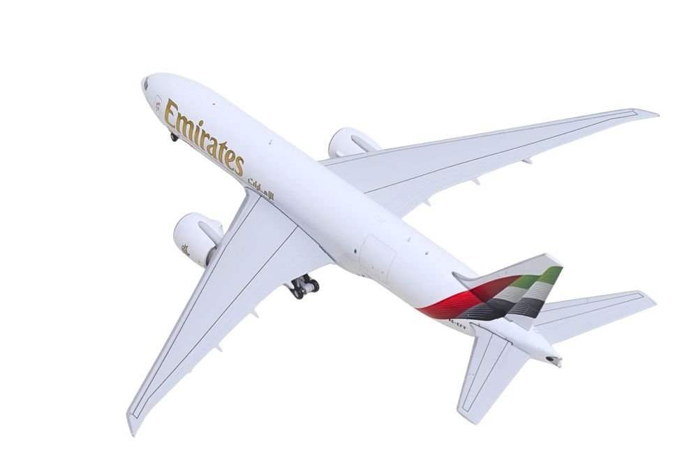 Boeing 777F Commercial Aircraft "Emirates SkyCargo" (A6-EFV) White with Striped Tail 1/400 Diecast Model by GeminiJets view 3