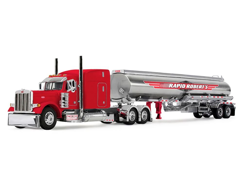 Peterbilt 379 with 63" Mid-Roof Sleeper and Heil Fuel Tank Trailer "Rapid Roberts" Red 1/64 Diecast Model by DCP/First Gear view 2