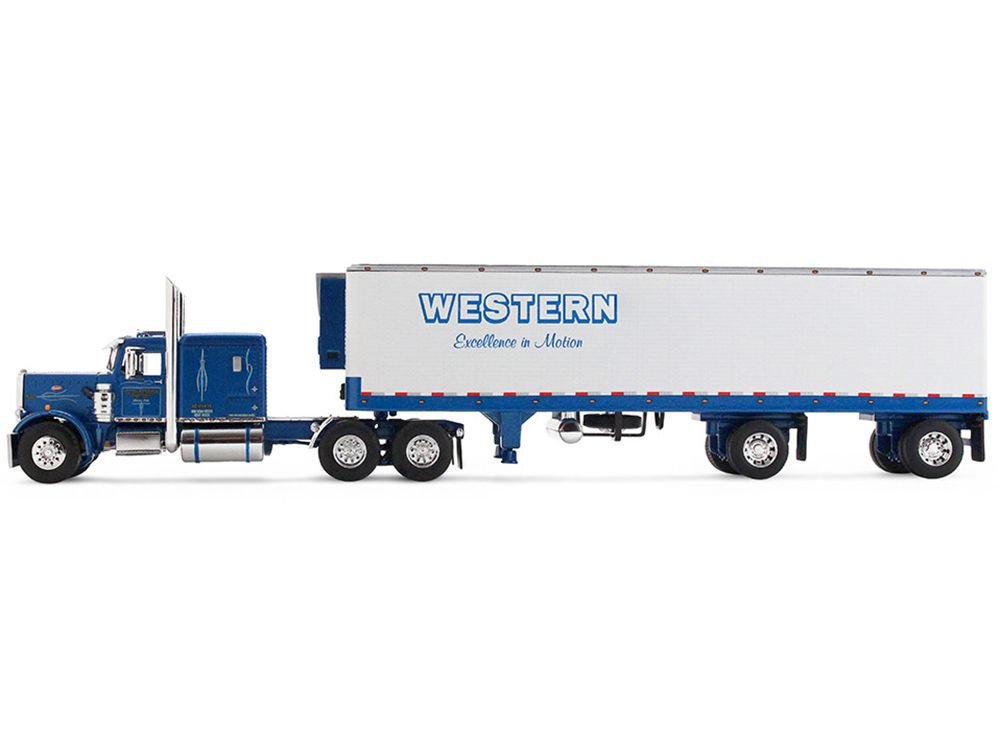 Peterbilt 351 with 63" Flat Top Sleeper and 40' Vintage Trailer with Reefer "Western Distributing" Blue Metallic and White 1/64 Diecast Model by DCP/First Gear view 2