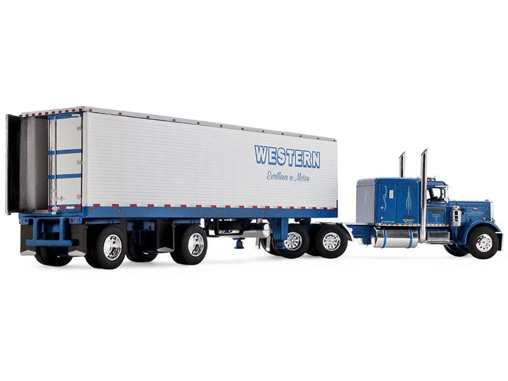 Peterbilt 351 with 63" Flat Top Sleeper and 40' Vintage Trailer with Reefer "Western Distributing" Blue Metallic and White 1/64 Diecast Model by DCP/First Gear view 3