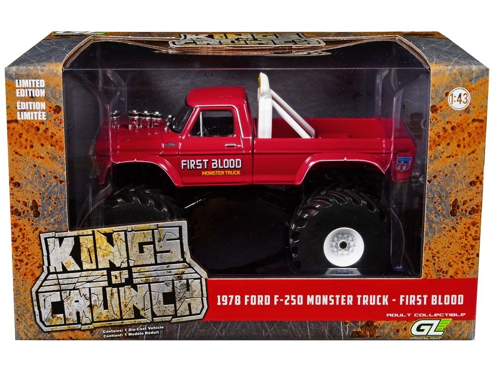 1978 Ford F-250 Monster Truck with 66-Inch Tires "First Blood" Red "Kings of Crunch" Series 1/43 Diecast Model Car by Greenlight view 3