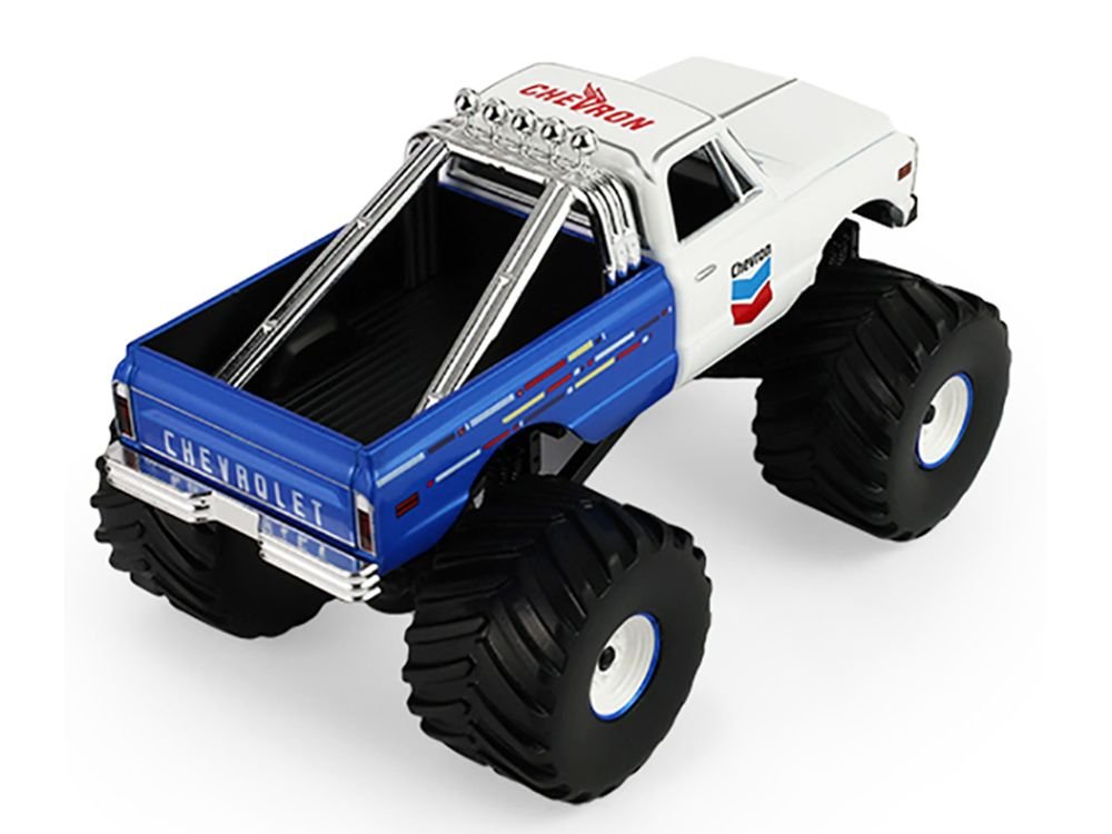 1972 Chevrolet K-10 Monster Truck "Chevron 150th Anniversary" White and Blue Metallic "Kings of Crunch" Series 1/43 Diecast Model Car by Greenlight view 3