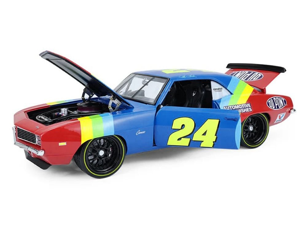 1969 Chevrolet Camaro #24 Jeff Gordon "Hendrick Motorsports First Win Tribute" Blue and Red with Rainbow Stripes 1/18 Diecast Model Car by Highway 61 view 2