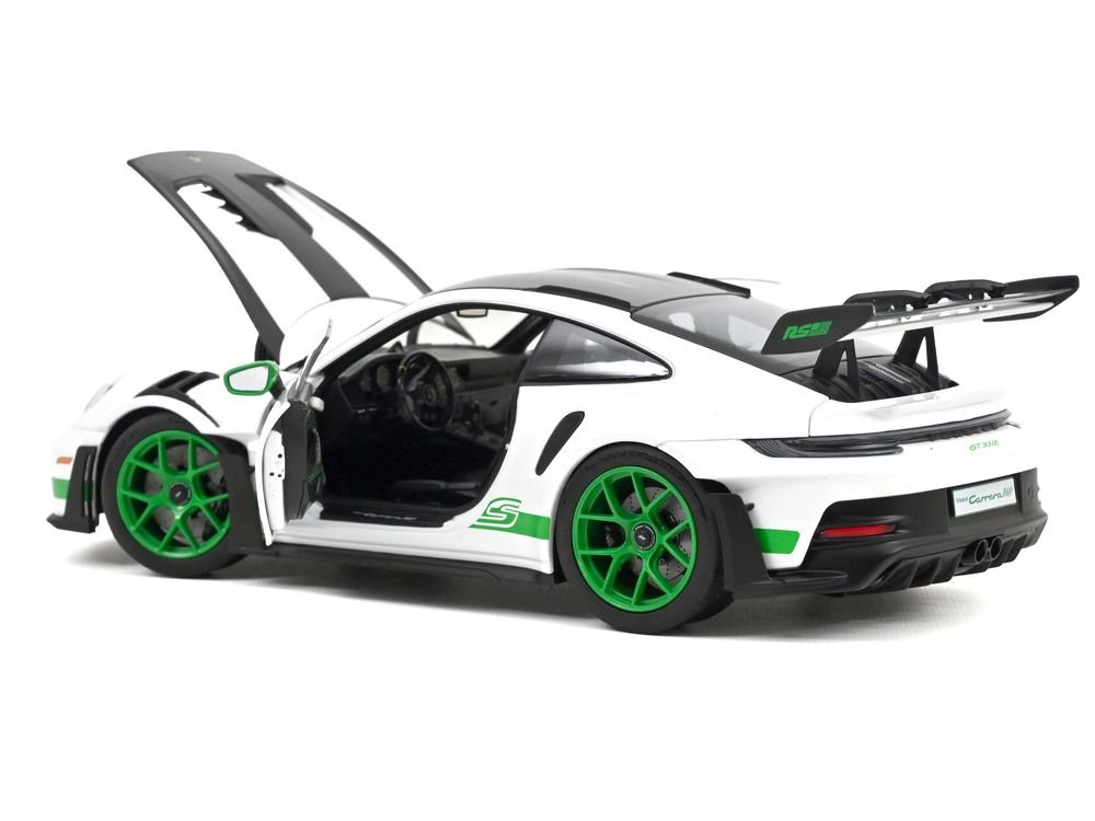 2022 Porsche 911 GT3 RS Weissach Pack White with Green Stripes And Carbon Hood and Top 1/18 Diecast Model Car by Norev view 2