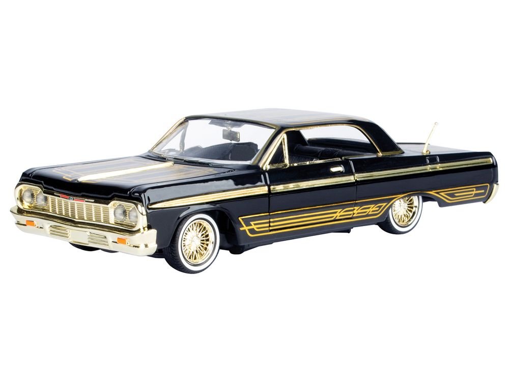 1964 Chevrolet Impala Lowrider Black with Gold Graphics and Wheels "Midnight Eclipse" Series 1/24 Diecast Model Car by Motormax view 2